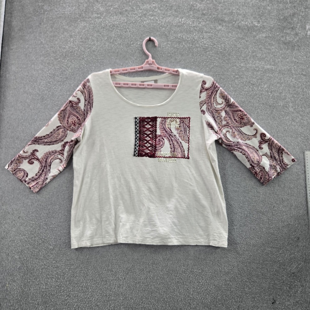 Zenergy Chico's Women‎ Shirt US 16 White Paisley Embroidered Beaded Crew Neck